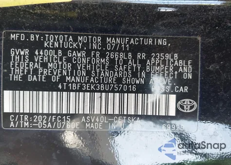 2011 Toyota Camry Se z USA, uszkodzony, nr VIN 4T1BF3EK3BU757016